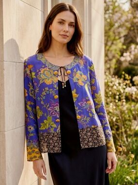 Vintage Artful Floral Kimono Style Jacket • Purple Gold Patchwork• Carole Little